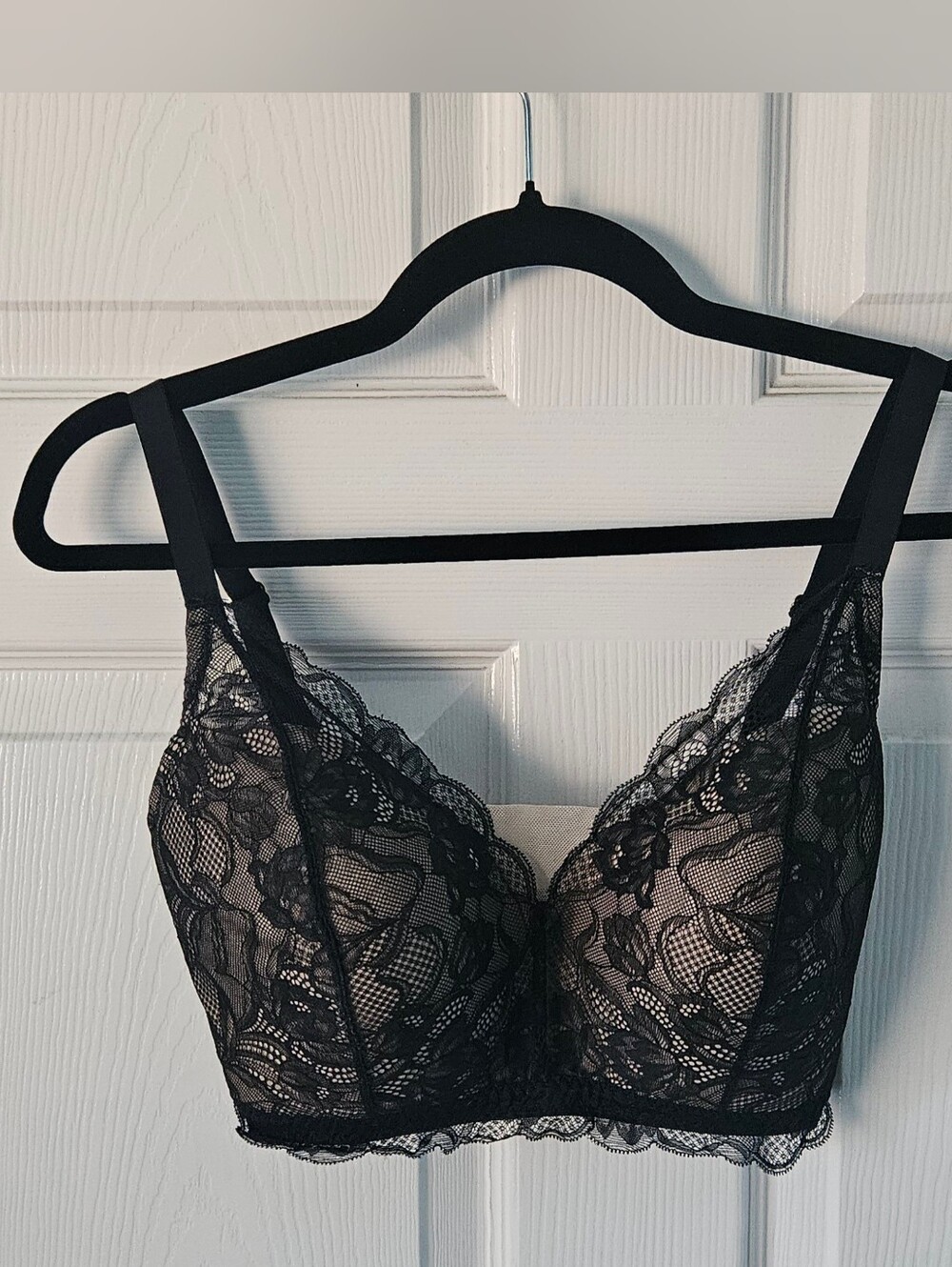 Natori Muse Black Floral Lace Scalloped Bra Nude Mesh Wireless 34DDD Full Cup